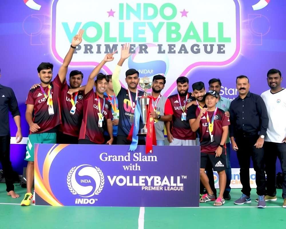 IVPL Grand Slam Championship Indo-Volleyball Premier League Grand Slam trophy with players celebrating