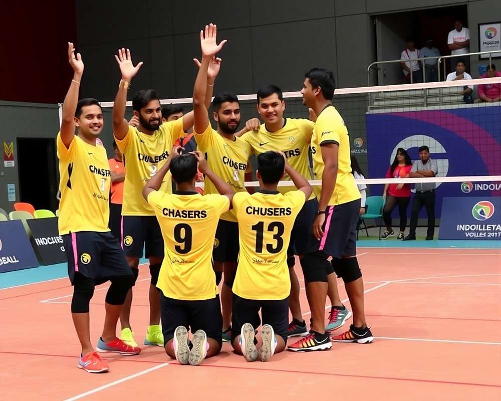 Chennai Crushers - Indo-Volleyball Premier League Chennai Crushers players in yellow jerseys celebrating